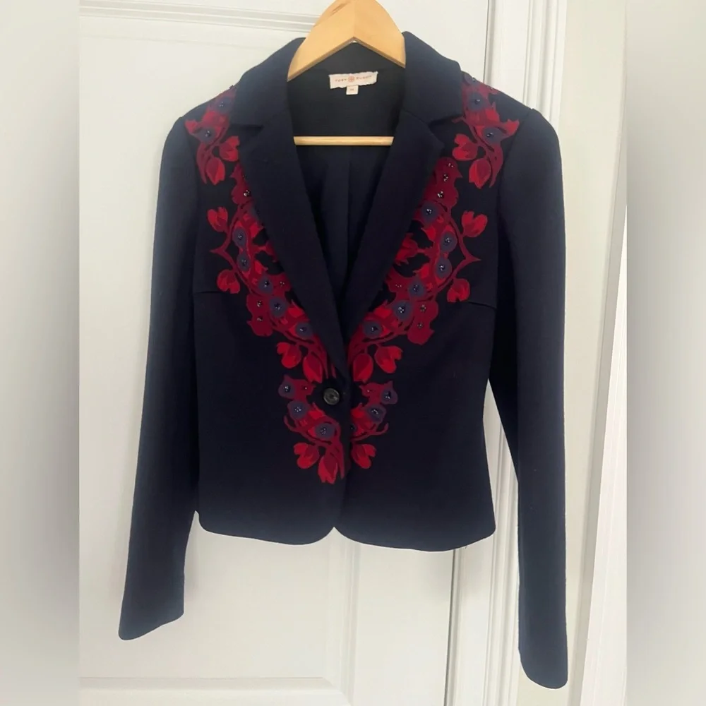 TORY BURCH Navy/Red Floral Button Front Blazer/Jacket Sz. XS Wool blend